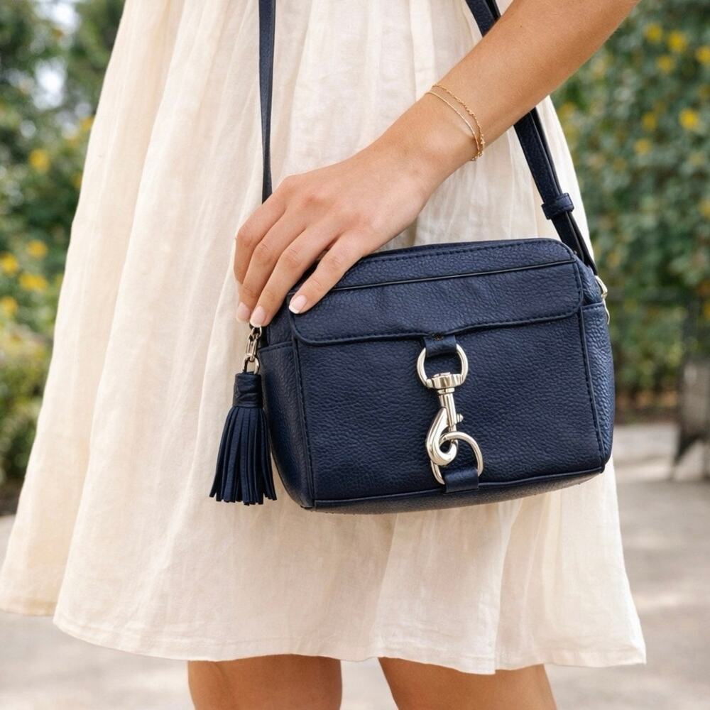 Rebecca Minkoff Mab Camera Bag Navy Blue Leather Crossbody Silver Hardware EUC